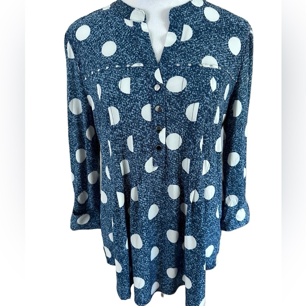 COCOMO Large Blue White Studded 3/4 Sleeve women’s Pintuck Blouse top sh…